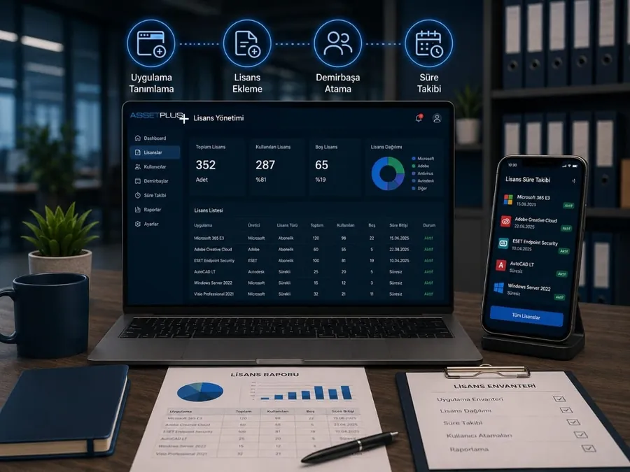 AssetPlus lisans yönetimi, uygulamalar, lisanslar ekran görüntüsü örneği