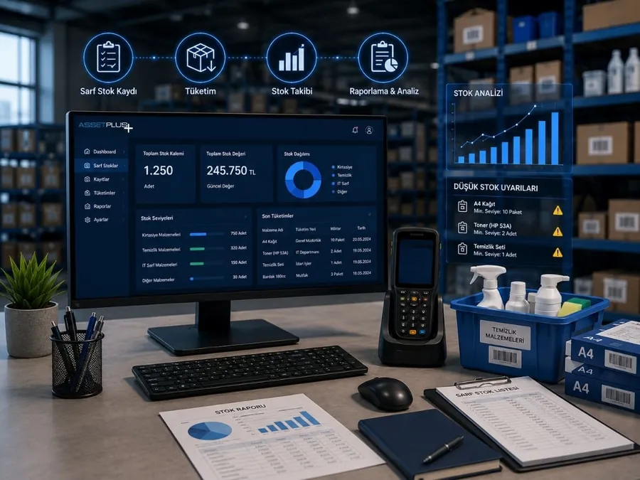 AssetPlus sarf stok yönetimi, depo stok listesi, tüketim yeri raporu ekran görüntüsü örneği