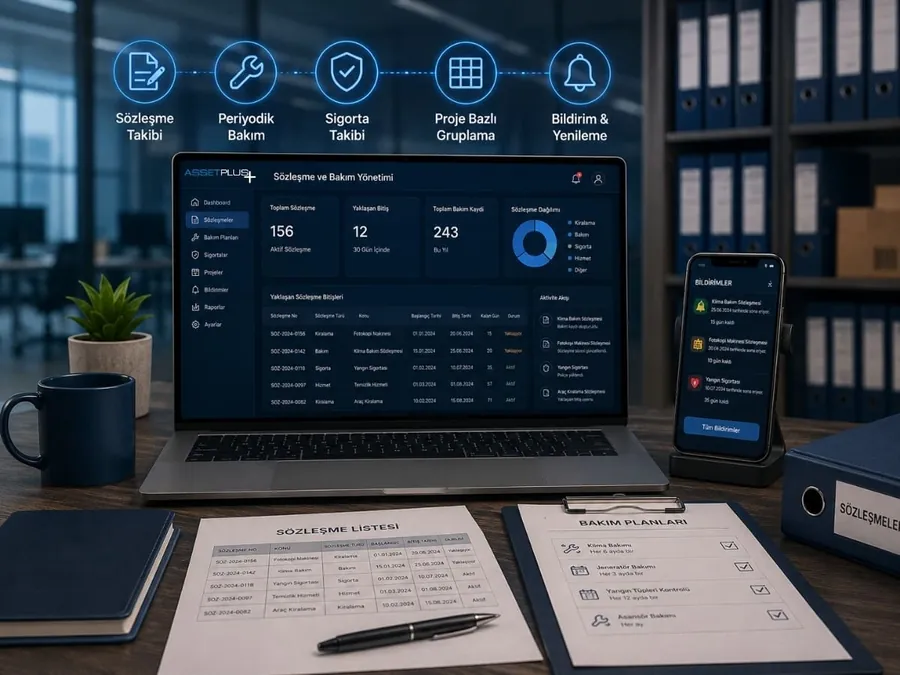 AssetPlus sözleşme detay, bakım listesi, sigorta listesi ekran görüntüsü örneği