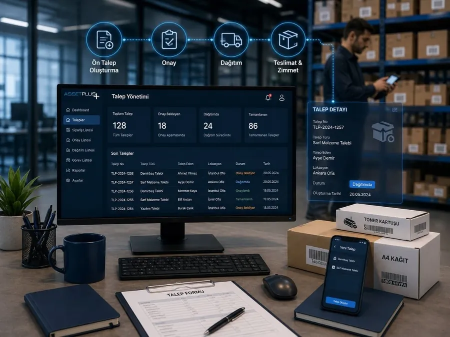 AssetPlus talep yönetimi, talep listesi, onay listesi, dağıtım listesi ekran görüntüsü örneği