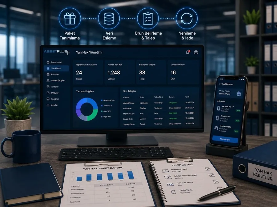 AssetPlus yan hak yönetimi, paket tanımları, yan hak listesi ekran görüntüsü örneği